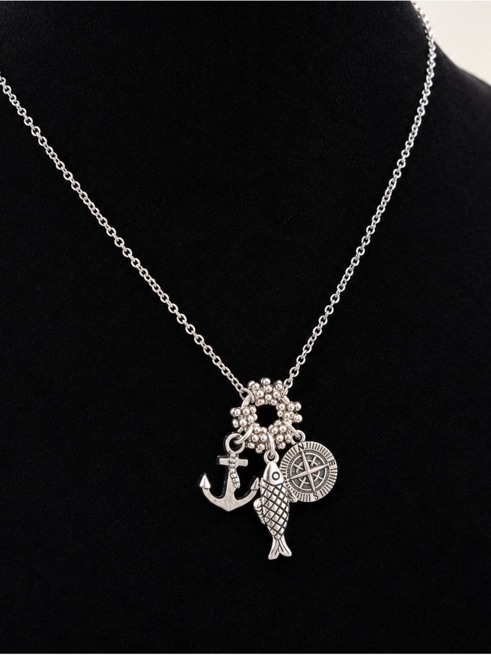 Handmade Nautical Charm Necklace with Freedom Clasp | Anchor Fish Compass Charms - Picture 3 of 7